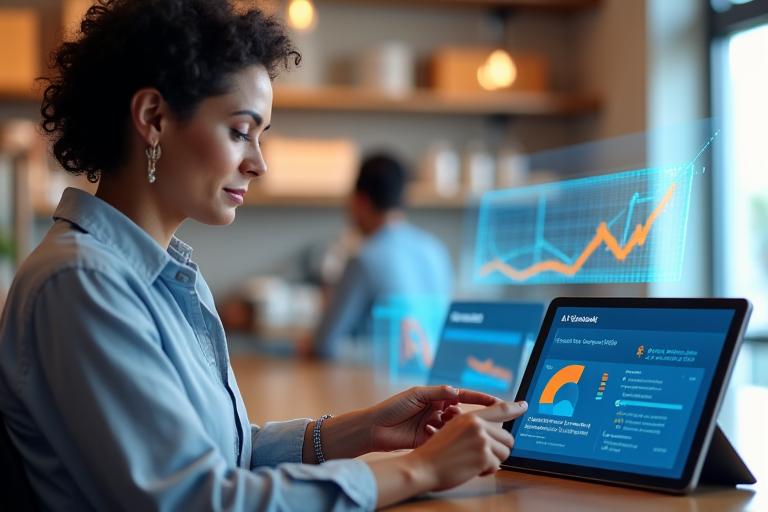 Small business owner confidently using AI tools on a tablet, with growth charts in the background.