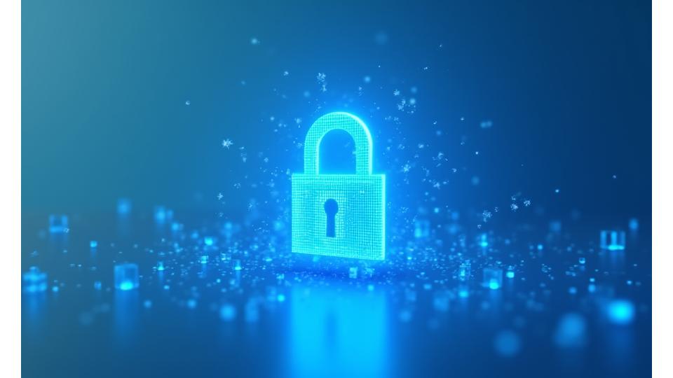 Illustration of a secure digital lock with data flowing safely around it, representing LumenLink’s commitment to privacy and data protection.