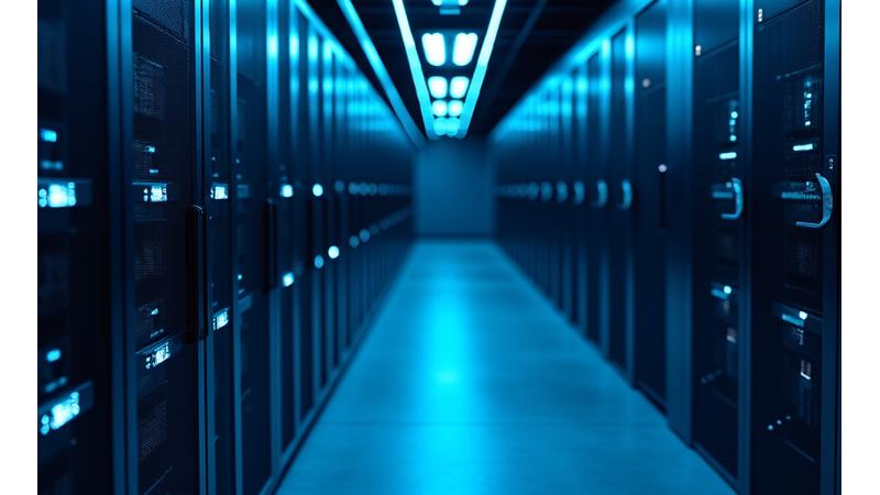 A server rack with glowing lights in a data center, symbolizing reliable infrastructure and service uptime.