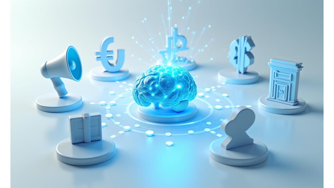 Diverse icons representing various industries (marketing, healthcare, finance, small business) surrounding a central glowing AI brain graphic, symbolizing connected insights and solutions.