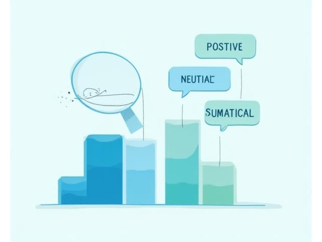A bar chart showing positive, negative, and neutral sentiment alongside a magnifying glass over social media conversation bubbles.