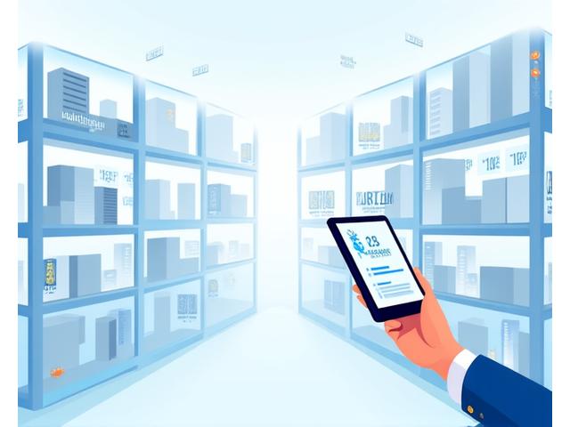 Warehouse shelves with digital overlays showing inventory levels and forecasting data on a tablet interface.